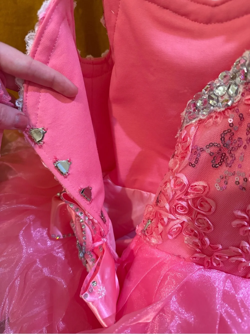 Girls Pink Ruffled Sequin Dance Costume with Floral Appliqué